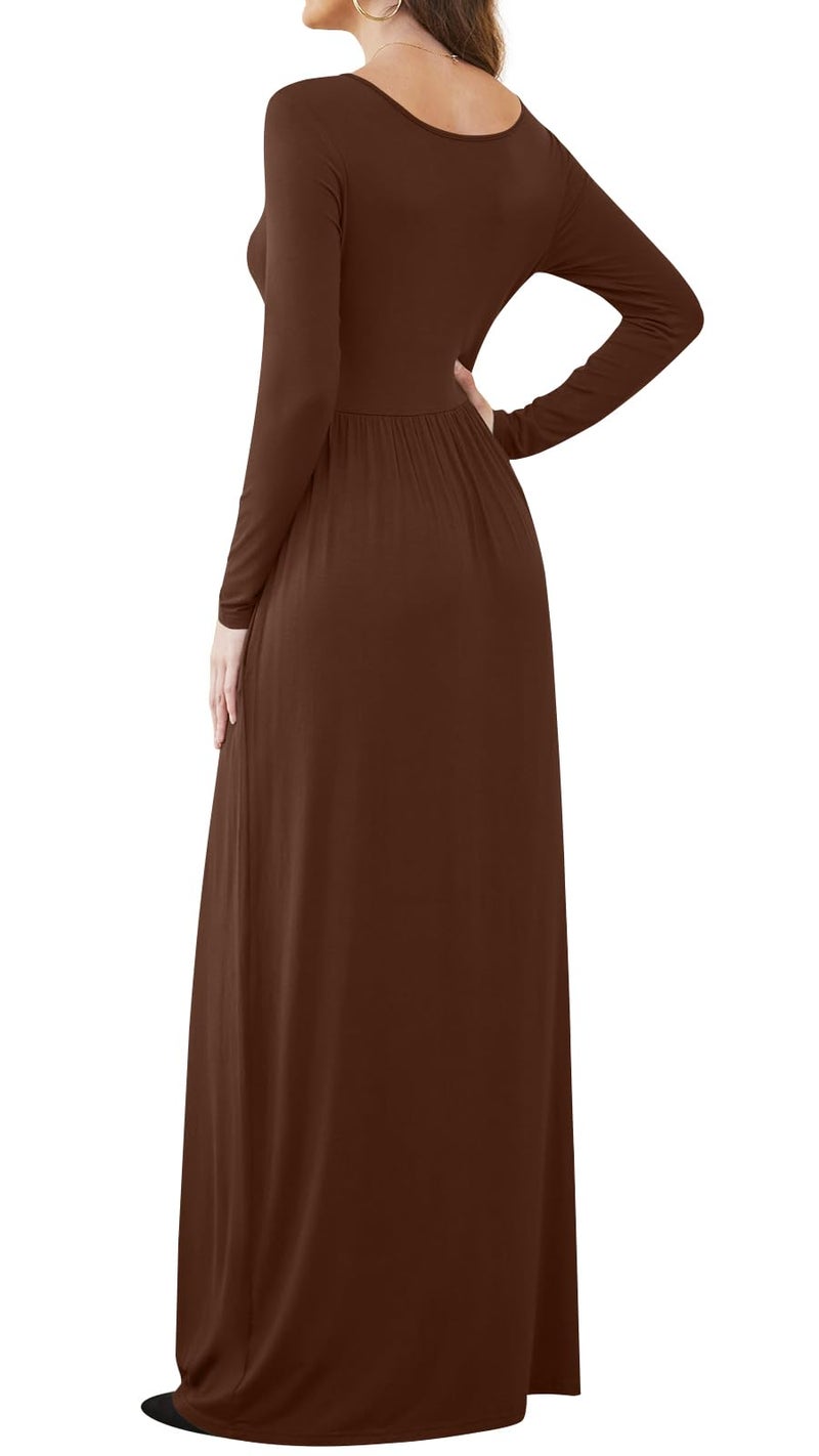 DB MOON 2025 Women Casual Fall Long Sleeve Maxi Dresses Empire Waist Long Dress with Pockets Brown 02 M - Image 3