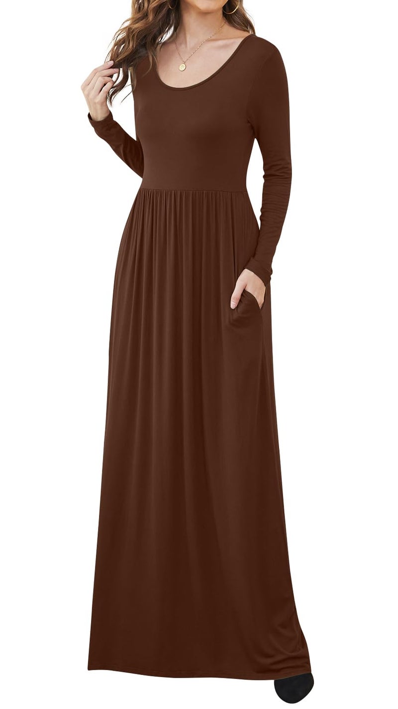 DB MOON 2025 Women Casual Fall Long Sleeve Maxi Dresses Empire Waist Long Dress with Pockets Brown 02 M - Image 4