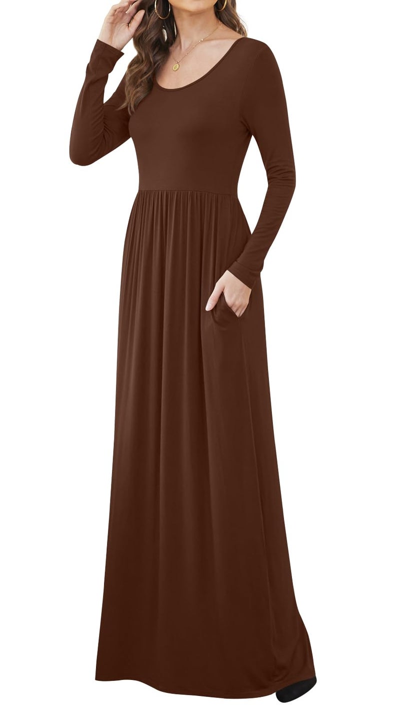 DB MOON 2025 Women Casual Fall Long Sleeve Maxi Dresses Empire Waist Long Dress with Pockets Brown 02 M - Image 2