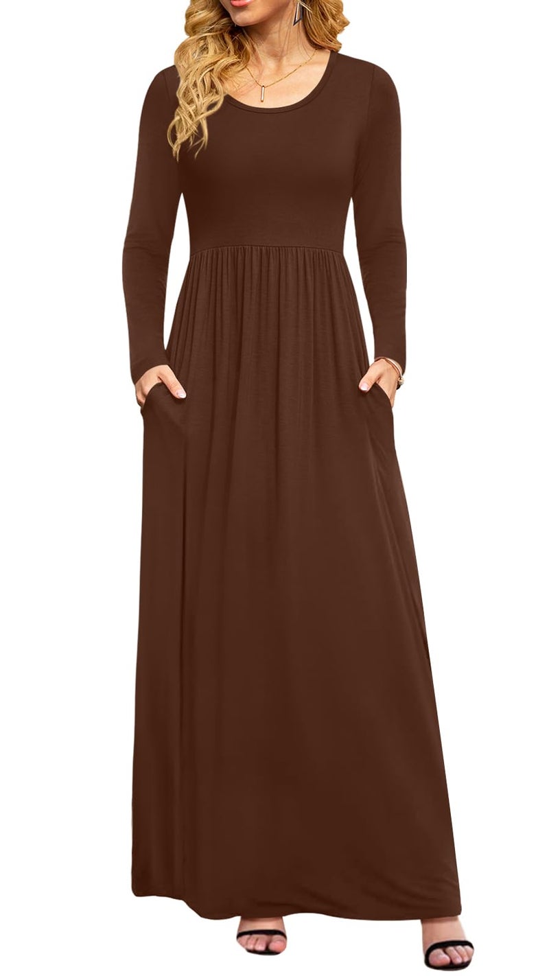 DB MOON 2025 Women Casual Fall Long Sleeve Maxi Dresses Empire Waist Long Dress with Pockets Brown 02 M - Image 1