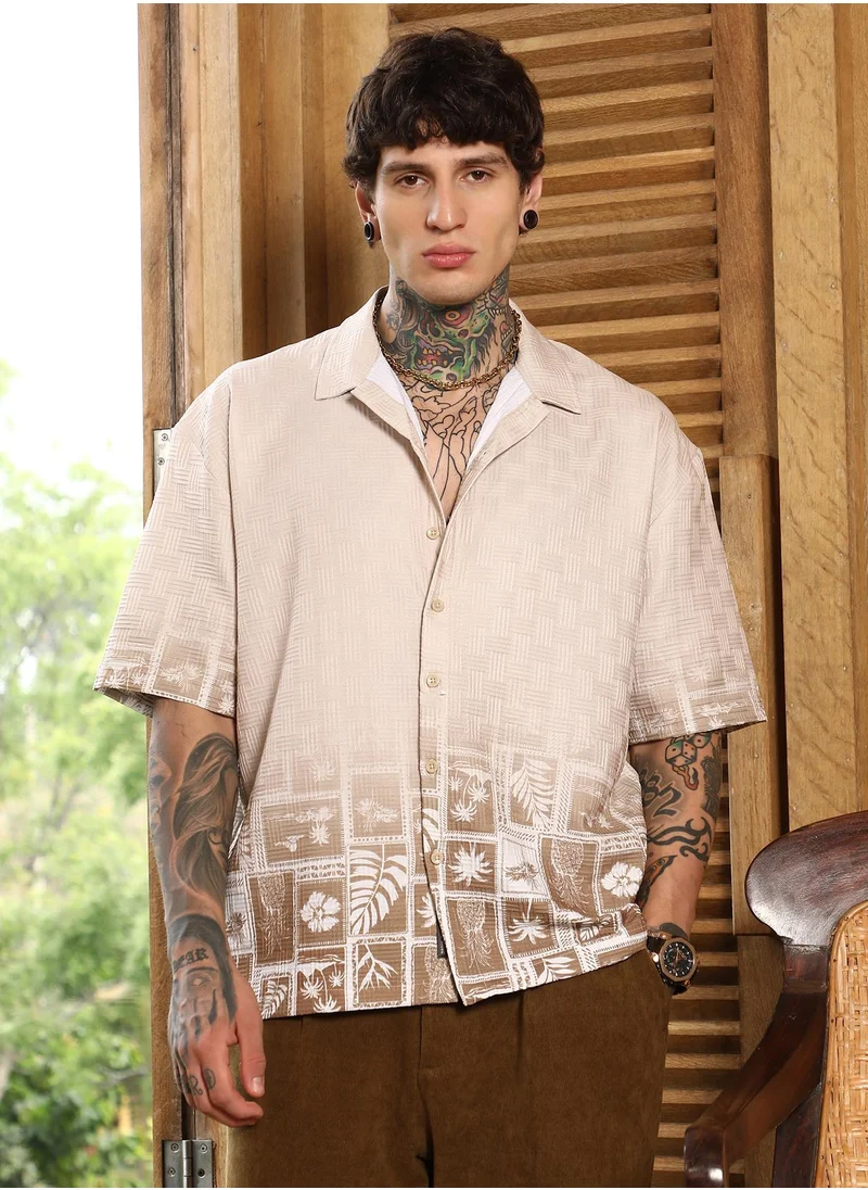 كامبوس سوترا Men's Ecru Beige Tropics Ombre-Tactile Shirt For Casual Wear | Cuban Collar | Short Regular Sleeves | Button Closure | Oversized Shirt Crafted With Comfort Fit For Everyday Wear
