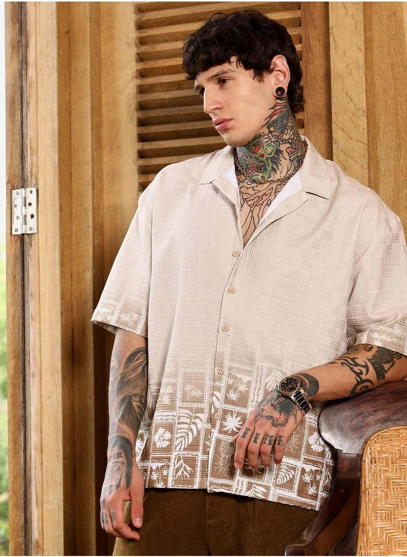 كامبوس سوترا Men's Ecru Beige Tropics Ombre-Tactile Shirt For Casual Wear | Cuban Collar | Short Regular Sleeves | Button Closure | Oversized Shirt Crafted With Comfort Fit For Everyday Wear