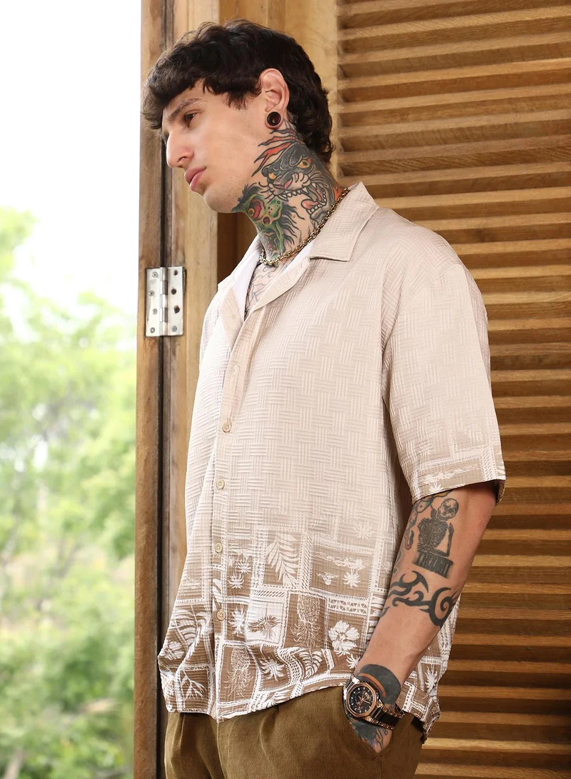 Campus Sutra Campus Sutra Men's Ecru Beige Tropics Ombre-Tactile Shirt For Casual Wear | Cuban Collar | Short Regular Sleeves | Button Closure | Oversized Shirt Crafted With Comfort Fit For Everyday Wear