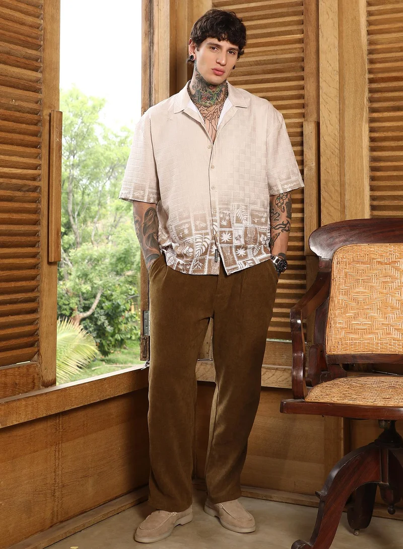 Campus Sutra Campus Sutra Men's Ecru Beige Tropics Ombre-Tactile Shirt For Casual Wear | Cuban Collar | Short Regular Sleeves | Button Closure | Oversized Shirt Crafted With Comfort Fit For Everyday Wear