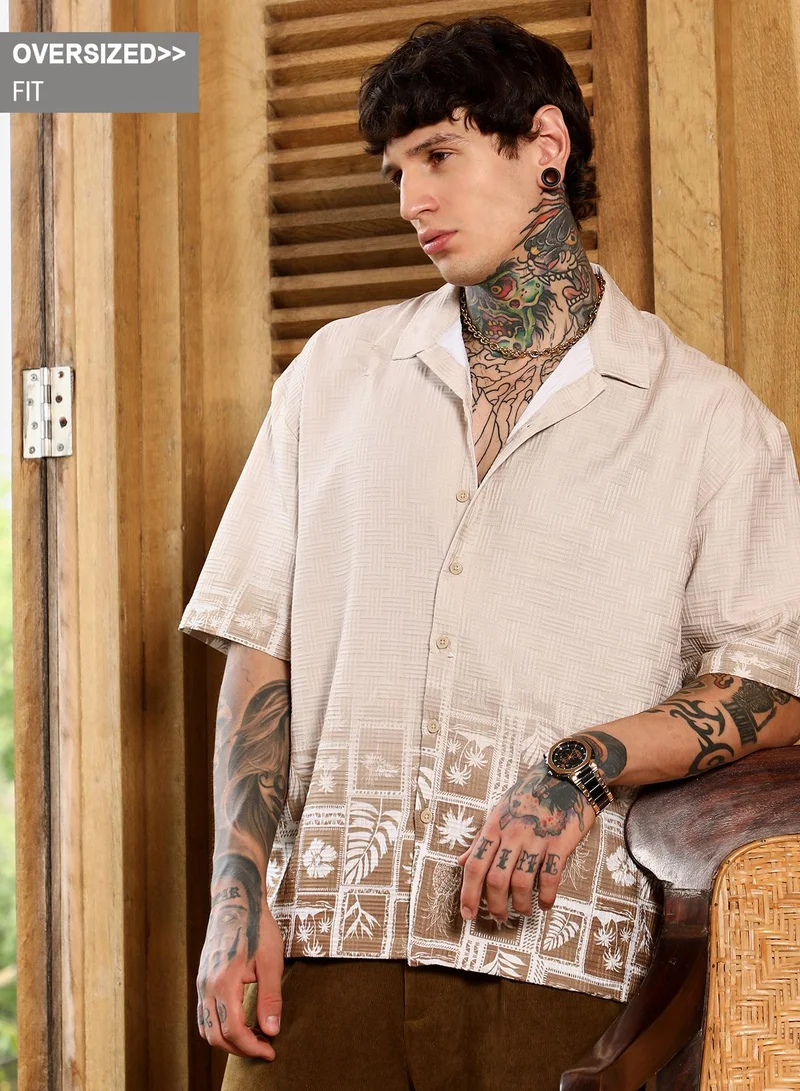 Campus Sutra Campus Sutra Men's Ecru Beige Tropics Ombre-Tactile Shirt For Casual Wear | Cuban Collar | Short Regular Sleeves | Button Closure | Oversized Shirt Crafted With Comfort Fit For Everyday Wear