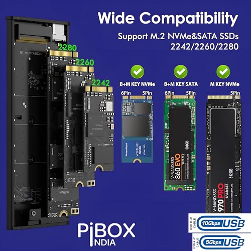 pibox India حاوية مروحة NVME M.2، PiBOX الهند بروتوكول مزدوج NVMe/NGFF SATA SSD حاوية مروحة ذكية - USB 3.2 10Gbps، حاوية M.2 NVMe بدون أدوات، PCI-E NVMe إلى USB-C، تدعم مفاتيح M، B&M 2230/2242/2280 SSD RTL9210B - Image 5