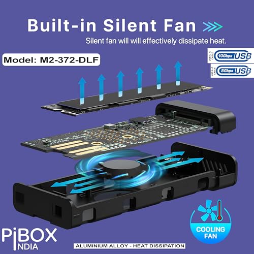 pibox India حاوية مروحة NVME M.2، PiBOX الهند بروتوكول مزدوج NVMe/NGFF SATA SSD حاوية مروحة ذكية - USB 3.2 10Gbps، حاوية M.2 NVMe بدون أدوات، PCI-E NVMe إلى USB-C، تدعم مفاتيح M، B&M 2230/2242/2280 SSD RTL9210B - Image 4