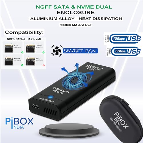 pibox India حاوية مروحة NVME M.2، PiBOX الهند بروتوكول مزدوج NVMe/NGFF SATA SSD حاوية مروحة ذكية - USB 3.2 10Gbps، حاوية M.2 NVMe بدون أدوات، PCI-E NVMe إلى USB-C، تدعم مفاتيح M، B&M 2230/2242/2280 SSD RTL9210B - Image 2
