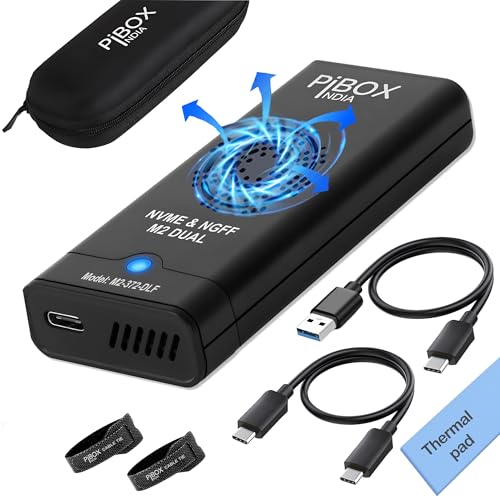 pibox India حاوية مروحة NVME M.2، PiBOX الهند بروتوكول مزدوج NVMe/NGFF SATA SSD حاوية مروحة ذكية - USB 3.2 10Gbps، حاوية M.2 NVMe بدون أدوات، PCI-E NVMe إلى USB-C، تدعم مفاتيح M، B&M 2230/2242/2280 SSD RTL9210B - Image 1