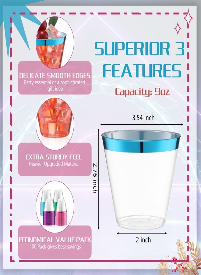 Zhehao 100 Pcs 9 oz Christmas Rimmed Plastic Cups Clear Disposable Wine Glasses Heavy Duty Cocktail Cups for Wedding Birthday Holiday Party Reception(Blue, Green, Hot Pink, Purple) - Image 2
