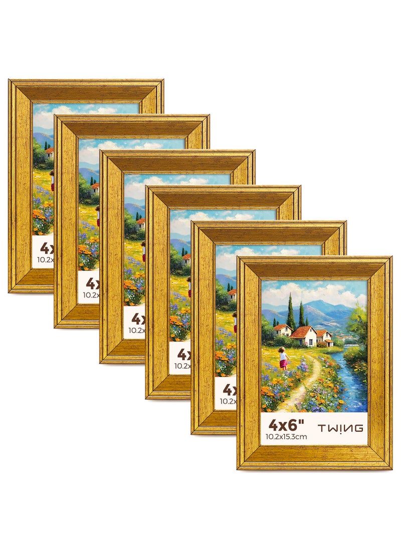 TWING 4x6 Gold Picture Frames Set of 6Rustic Gold Frames Display Pictures 3x5 with Mat or 4x6 Without MatTabletop Display and Wall Mounting Collage Photo FrameSet for Wall Gallery