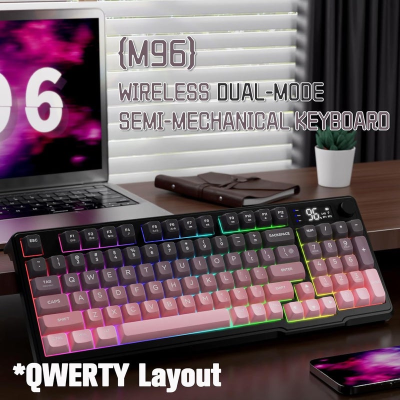 LexonElec M96 Dual Mode Wireless Gaming Keyboard with 2.4G and BT5.0, 94 Keys Membrane Semi-mechanical Gradient PBT Keycap with Smart Display and Button, Rainbow Backlit, 3000mAh for Mac/Win - Blackberry - Image 2