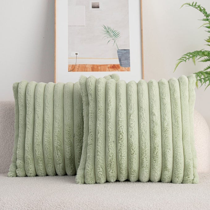 PACK OF 2DOUBLESIDED FAUX FUR PLUSH DECORATIVE THROW PILLOW COVERS FUZZY STRIPED SOFT PILLOWCASE CUSHION COVERS FOR SOFA COUCH BEDROOM GREEN 26X26 INCH