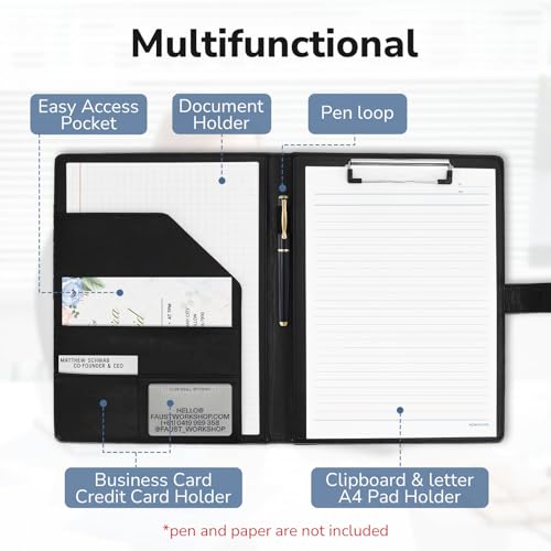 NQUBG Professional Padfolio with Clipboard, Faux Leather Portfolio Folder Binder, Legal Pad Holder for A4 Letter Size Notepad, Resume, Writing Pad, Ideal Organizer for Business Office Conference, Black, - Image 3