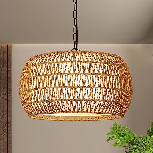 PAUFUL Rattan Farmhouse Chandelier Light Fixtures, 5-Lights Boho Large Pendant Light,Hand Woven Chandeliers for Dining Room with Fabric Shade,Rustic Chandeliers Hanging Light Fixtures for Kitchen Island - Image 1