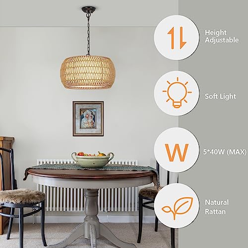 PAUFUL Rattan Farmhouse Chandelier Light Fixtures, 5-Lights Boho Large Pendant Light,Hand Woven Chandeliers for Dining Room with Fabric Shade,Rustic Chandeliers Hanging Light Fixtures for Kitchen Island - Image 3