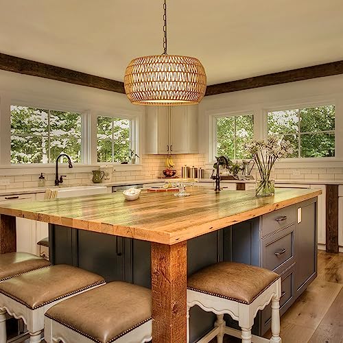 PAUFUL Rattan Farmhouse Chandelier Light Fixtures, 5-Lights Boho Large Pendant Light,Hand Woven Chandeliers for Dining Room with Fabric Shade,Rustic Chandeliers Hanging Light Fixtures for Kitchen Island - Image 2