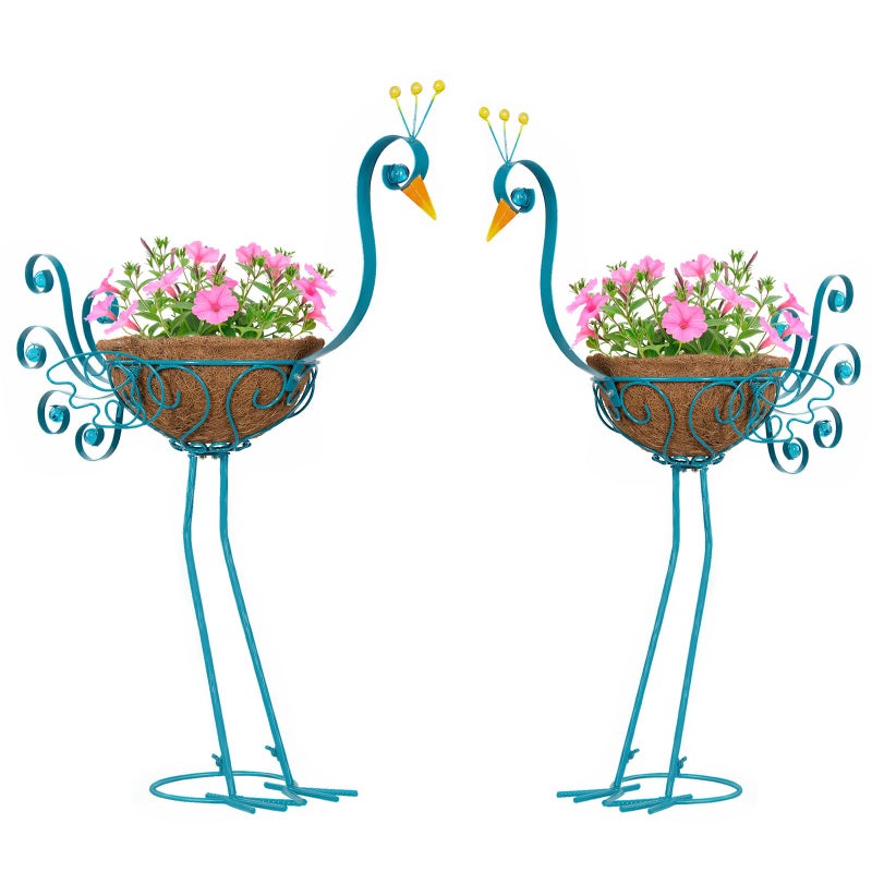 SUNREEK Set of 2 Blue Peacock Outdoor Planters with Basket, Metal Peacock Planter for Indoor Outdoor Garden Yard Decor - Image 1