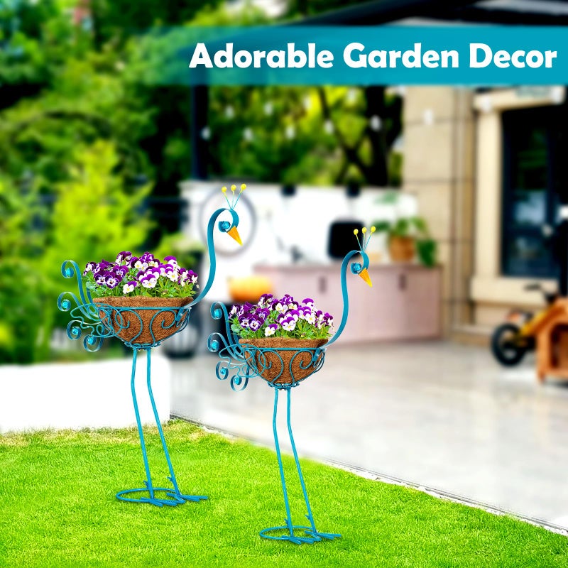 SUNREEK Set of 2 Blue Peacock Outdoor Planters with Basket, Metal Peacock Planter for Indoor Outdoor Garden Yard Decor - Image 2