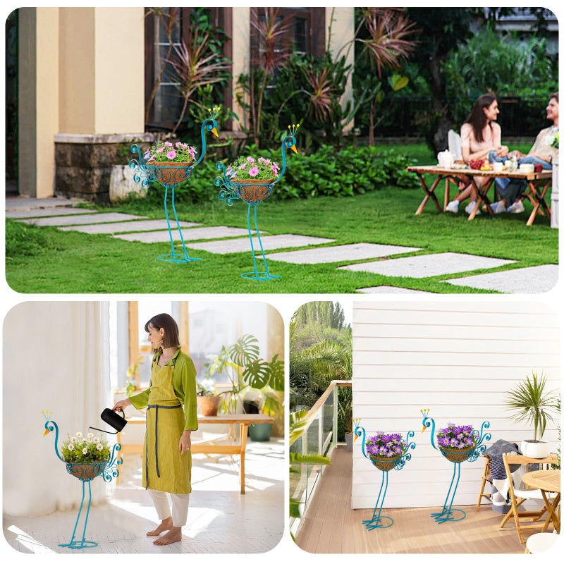 SUNREEK Set of 2 Blue Peacock Outdoor Planters with Basket, Metal Peacock Planter for Indoor Outdoor Garden Yard Decor - Image 5