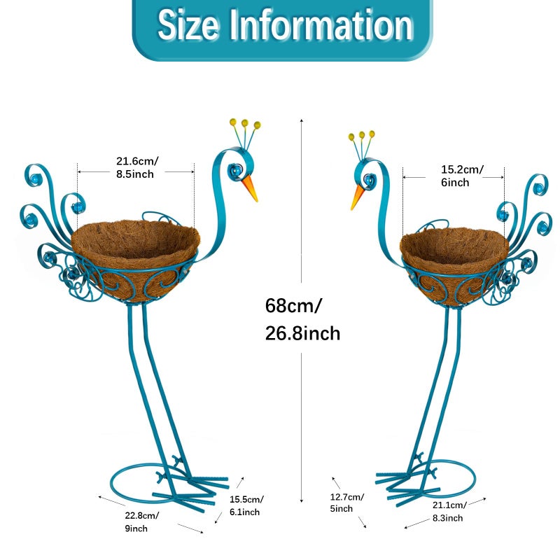 SUNREEK Set of 2 Blue Peacock Outdoor Planters with Basket, Metal Peacock Planter for Indoor Outdoor Garden Yard Decor - Image 3