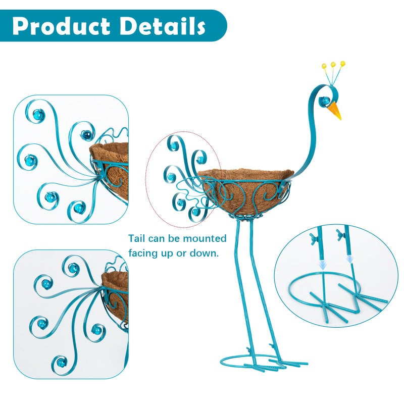 SUNREEK Set of 2 Blue Peacock Outdoor Planters with Basket, Metal Peacock Planter for Indoor Outdoor Garden Yard Decor - Image 4