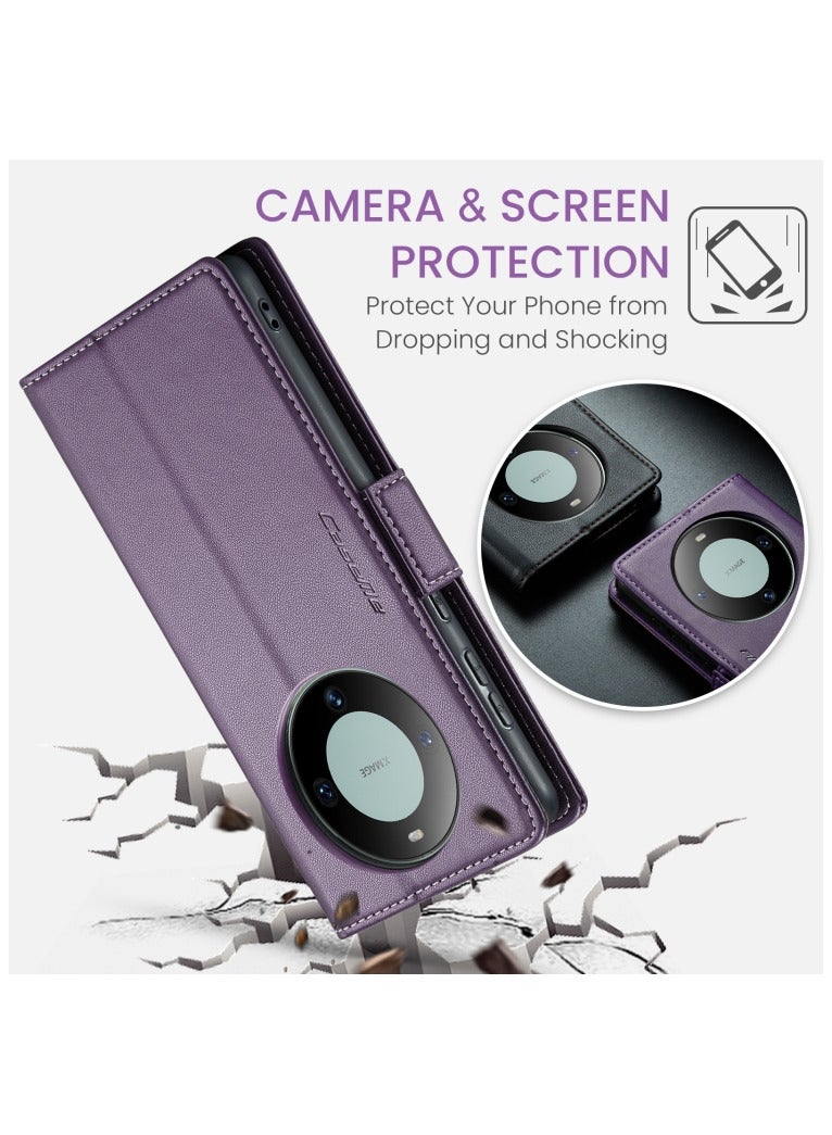 CaseMe Flip Wallet Case For Huawei Mate 60 Pro [RFID Blocking] PU Leather Wallet Flip Folio Case with Card Holder Kickstand Shockproof Phone Cover (Purple)  - Image 4