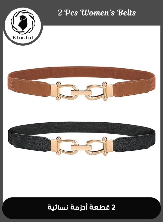 KHAJUL 2-Pack Stretchy Elastic Waist Belt for Women, Skinny Retro Design with Gold Buckle - Image 1