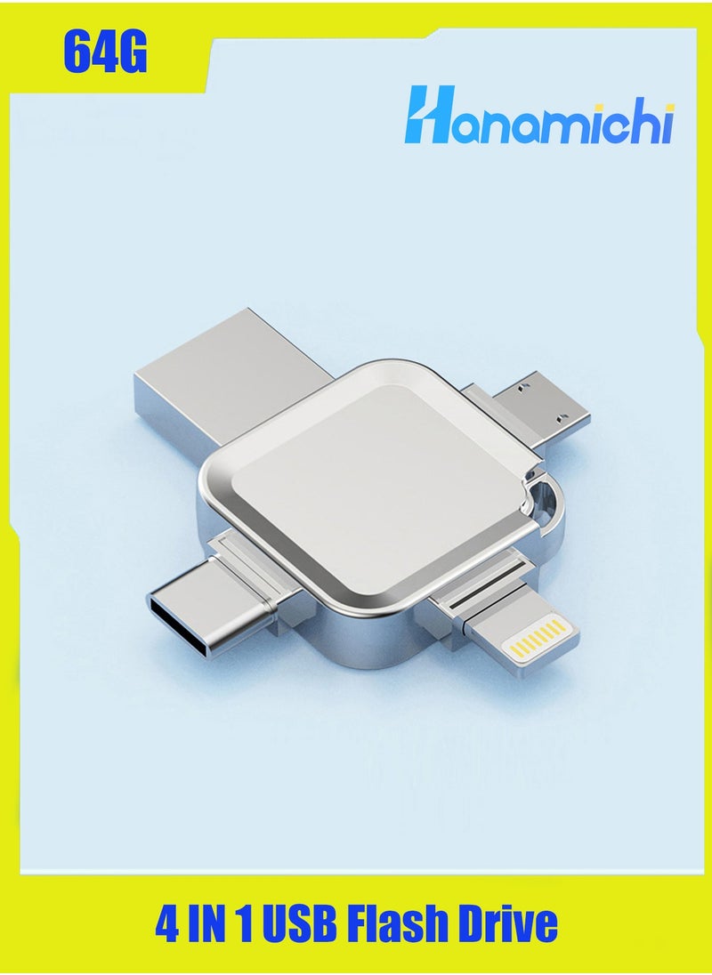 HANAMICHI USB 3.0 Flash Drive 64G iPhone Storage 4 in1 Multi-conversion External Photo Memory Stick with Micro USB Type-C Port for Android Smartphones, iPhone, Ipad, MacBook and Laptop, Silver  - Image 1