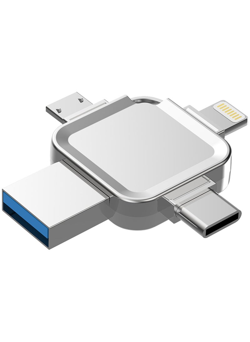 HANAMICHI USB 3.0 Flash Drive 64G iPhone Storage 4 in1 Multi-conversion External Photo Memory Stick with Micro USB Type-C Port for Android Smartphones, iPhone, Ipad, MacBook and Laptop, Silver  - Image 1