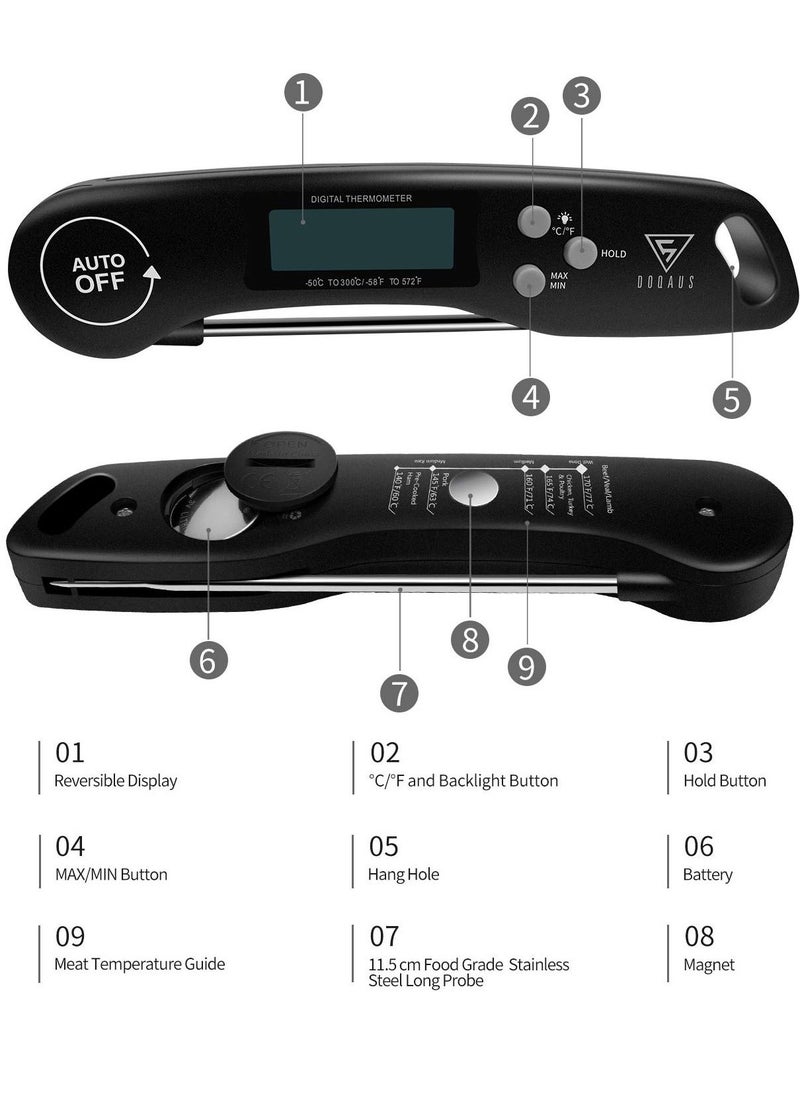 Generic - Digital Meat Thermometer, Instant Read Food Thermometer with Backlight LCD Screen, Foldable Long Probe & Auto On/Off, Meat Thermometer Probe for Kitchen, BBQ, Water, Milk, Cooking Food (Black) - Image 1
