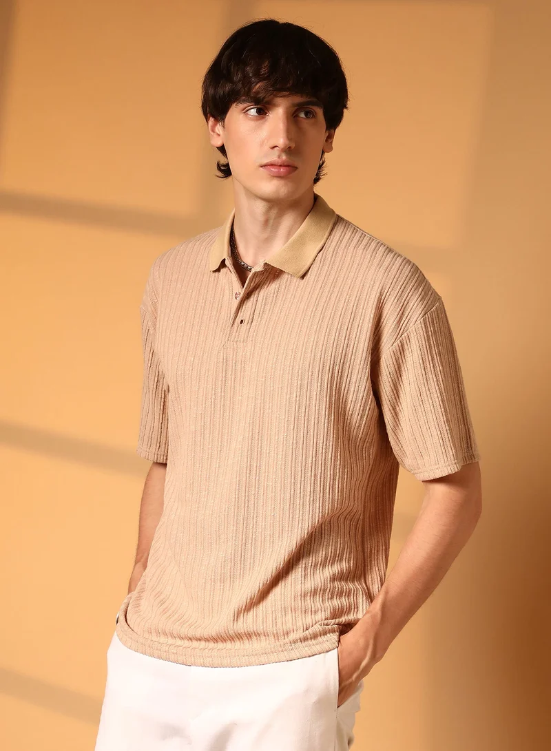 Campus Sutra Men's Buff Beige Striped Oversized Polo T-Shirt For Casual Wear | Polo Neck | Short Sleeve | Half-Button Closure | T-Shirt Crafted With Comfort Fit For Everyday Wear