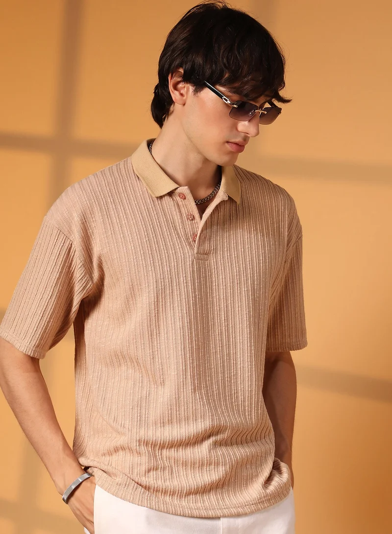 Campus Sutra Men's Buff Beige Striped Oversized Polo T-Shirt For Casual Wear | Polo Neck | Short Sleeve | Half-Button Closure | T-Shirt Crafted With Comfort Fit For Everyday Wear