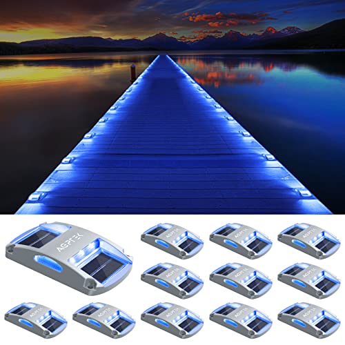 AGPTEK Solar Driveway Lights 12 Pack Outdoor Deck Dock Marine LED Solar Powered Waterproof Driveway Marker Lights for Warning Step Sidewalk Pathway Garden Yard Blue Light
