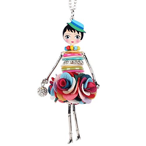 BONSNY Paris Doll Necklace Dress Handmade Pendant News Alloy Metal Crystal Flower Long Chain Fashion Jewelry - Image 1