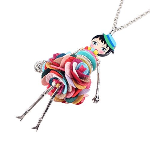 BONSNY Paris Doll Necklace Dress Handmade Pendant News Alloy Metal Crystal Flower Long Chain Fashion Jewelry - Image 3