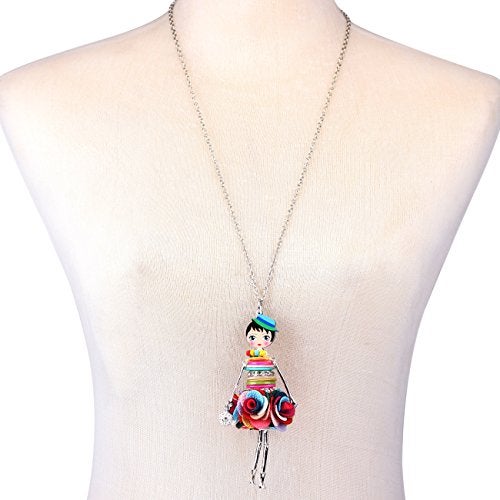 BONSNY Paris Doll Necklace Dress Handmade Pendant News Alloy Metal Crystal Flower Long Chain Fashion Jewelry - Image 4