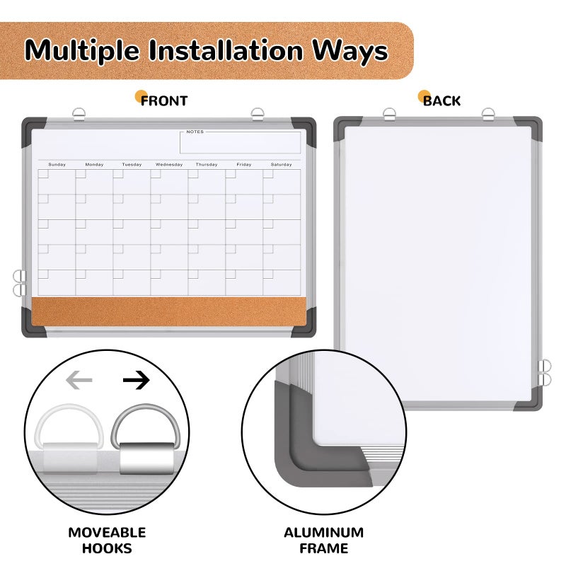ABERLLS Monthly Calendar Whiteboard Dry Erase Cork Board Combination for Wall, 17"x13" Magnetic Dry Erase Board, Double-Sided White Board, Portable Board for Office, Kitchen, Planning, Memo, School, Home - Image 2