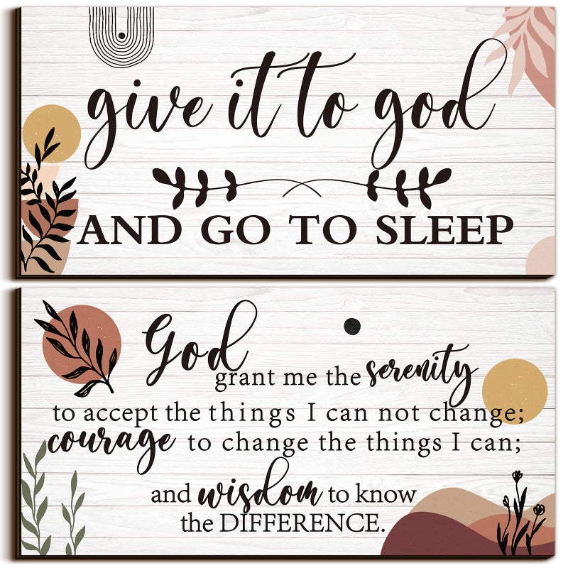 Chunful 2 Pcs Bedroom Wall Decor Give It to God and Go to Sleep Sign Serenity Prayer Sign Farmhouse Wall Art Vintage Prayer Wall Art Above Bed Rustic Bedroom Wall Decor for Bedroom Home (Boho Style)  - Image 1