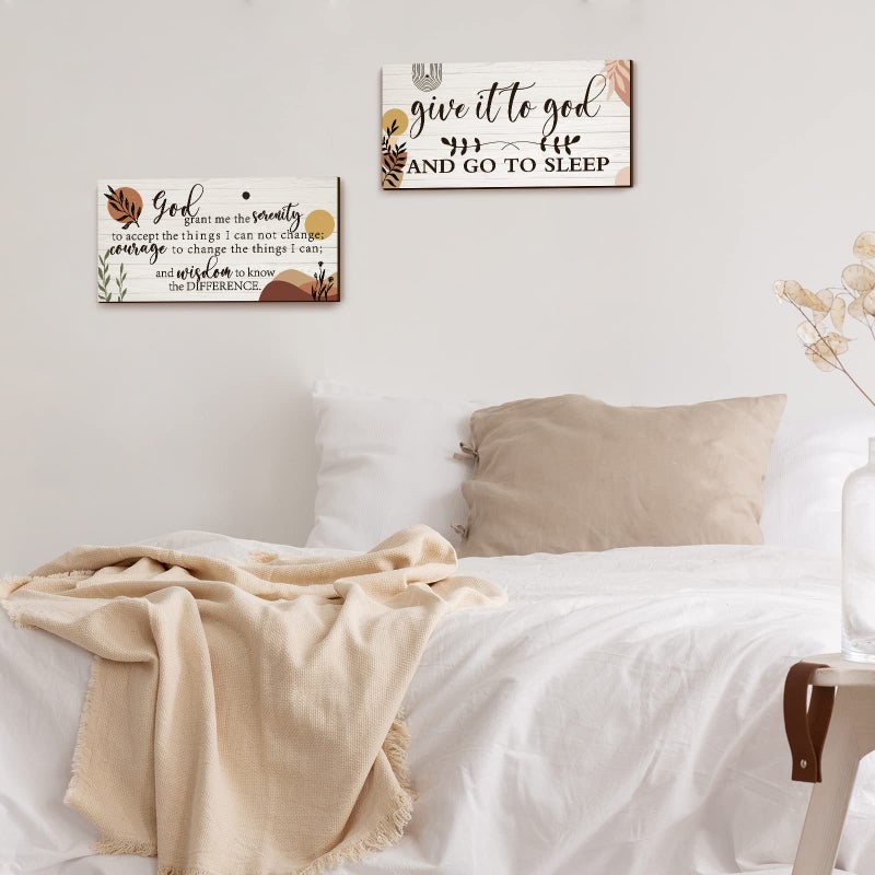 Chunful 2 Pcs Bedroom Wall Decor Give It to God and Go to Sleep Sign Serenity Prayer Sign Farmhouse Wall Art Vintage Prayer Wall Art Above Bed Rustic Bedroom Wall Decor for Bedroom Home (Boho Style)  - Image 5