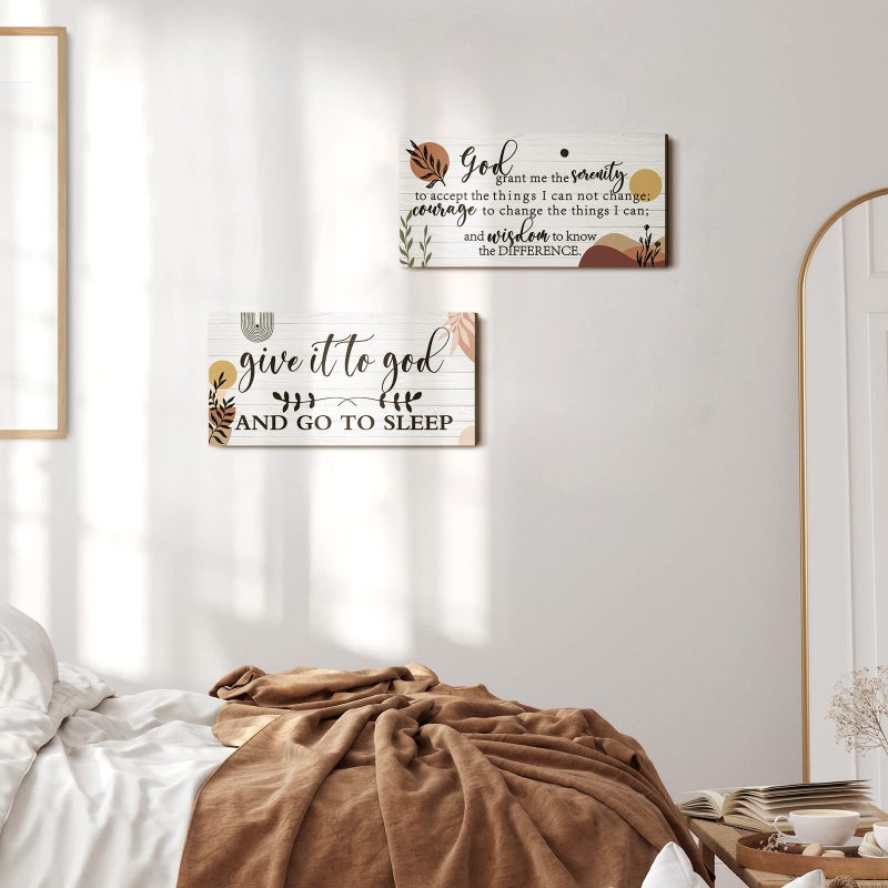 Chunful 2 Pcs Bedroom Wall Decor Give It to God and Go to Sleep Sign Serenity Prayer Sign Farmhouse Wall Art Vintage Prayer Wall Art Above Bed Rustic Bedroom Wall Decor for Bedroom Home (Boho Style)  - Image 2