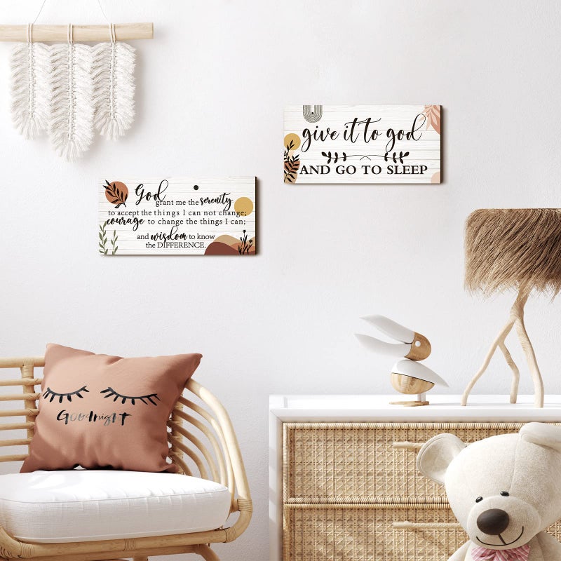 Chunful 2 Pcs Bedroom Wall Decor Give It to God and Go to Sleep Sign Serenity Prayer Sign Farmhouse Wall Art Vintage Prayer Wall Art Above Bed Rustic Bedroom Wall Decor for Bedroom Home (Boho Style)  - Image 4