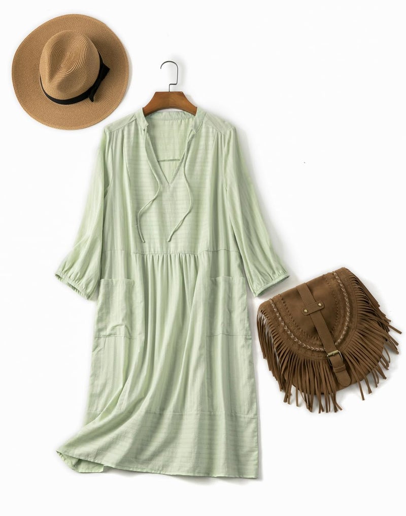 Lafural Womens V Neck Cotton Casual Loose Shift Tunic Smock Summer Dresses Vacation Dress 3/4 Sleeve Pocket Green M - Image 3