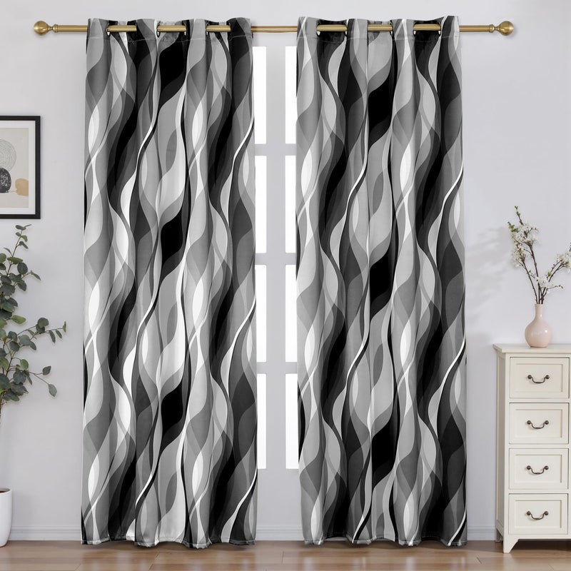 weesire Black and Grey Blackout Curtains Modern Striped Decorative 100% Light Blocking Darkening Grommet Grey Curtain for Living Room Villa, Bedroom Gray and White 2 Panels Set, 52x84 Inches - Image 1