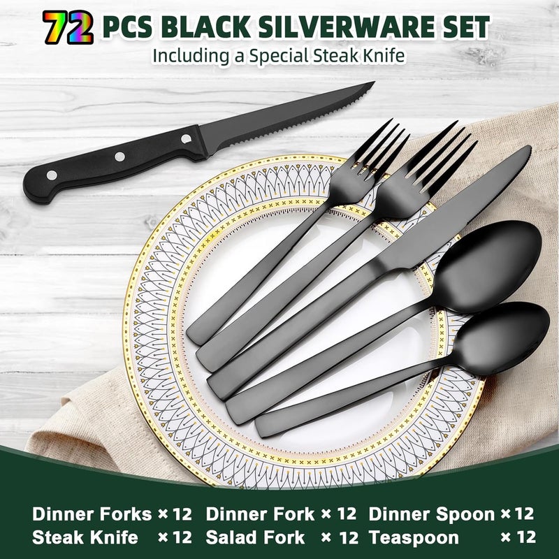 CEKEE 72-Piece Stainless Steel Black Silverware Set - Flatware Kitchen Utensils Set, Cutlery Set for Home & Restaurant, Premium Knife Fork Spoon Set with Steak Knives, Heavy Duty & Dishwasher Safe - Image 2