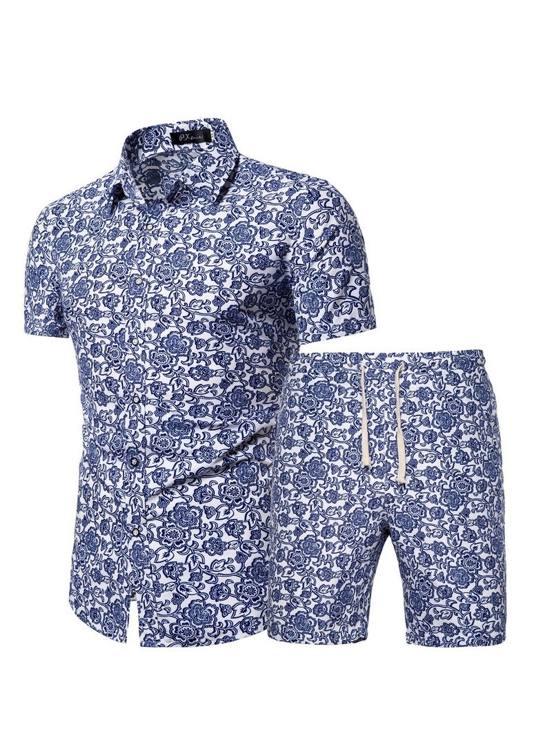 KUYING Men's Short Sleeved Shirt Set, Men's Casual Printed Shirt Shorts Two-piece Set 