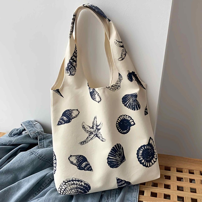 sunaeset Beach Inspired Canvas Tote Bag For Women, Nautical Seashell And Starfish Print, Casual Shoulder Bag Aesthetic, Cute Small Book Tote, Portable Washable For Women Grocery Shopping Gift For Birthday Day - Image 3