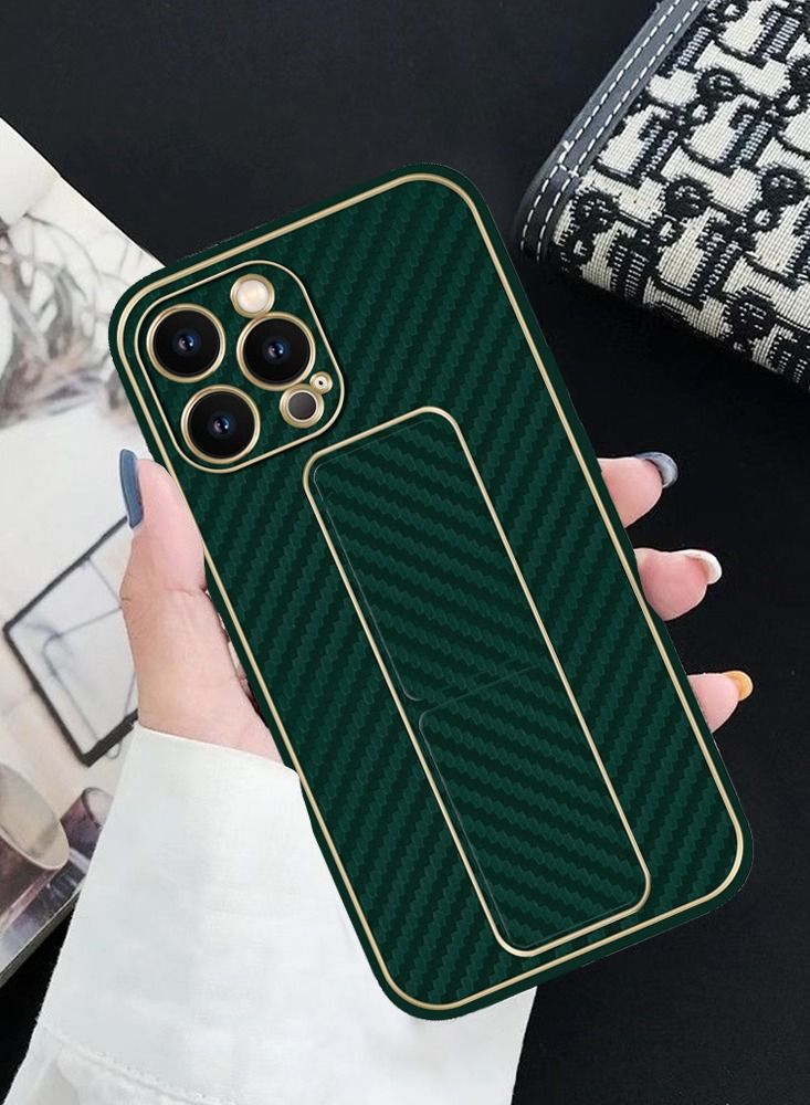 CATANES iPhone 12 Pro Max Carbon Fiber Texture Case Cover with Finger Grip Loop and Foldable Stand Green  - Image 3