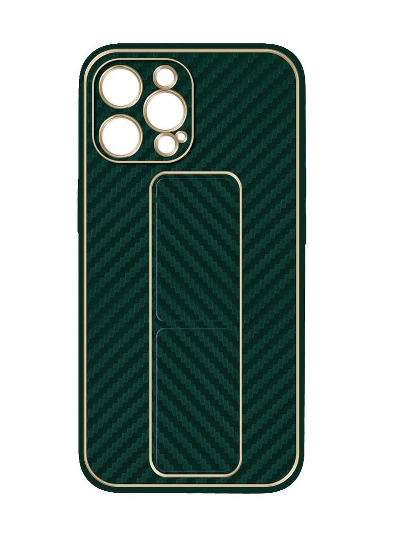 CATANES iPhone 12 Pro Max Carbon Fiber Texture Case Cover with Finger Grip Loop and Foldable Stand Green  - Image 2