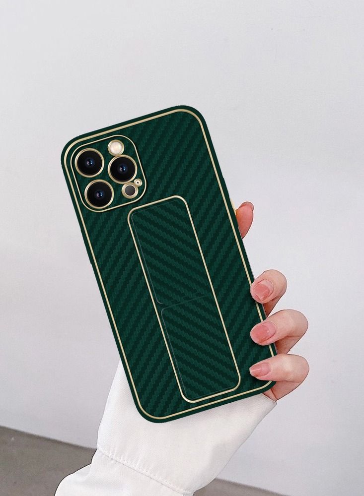 CATANES iPhone 12 Pro Max Carbon Fiber Texture Case Cover with Finger Grip Loop and Foldable Stand Green  - Image 4